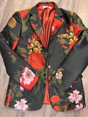 Floral Embroidered Black Blazer Jacket with Red Accents